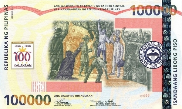 Największy banknot świata – filipińskie 100.000 peso z 1998 roku