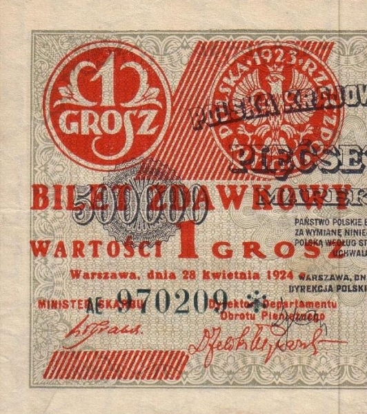 Najniższy nominał polskiego banknotu to 1 grosz – bilet zdawkowy z 1924 roku