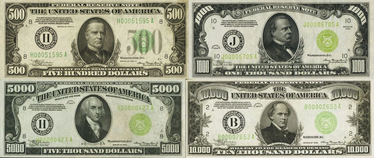 Banknoty USA o nominałach: 500, 1000, 5000 i 10000 dolarów
