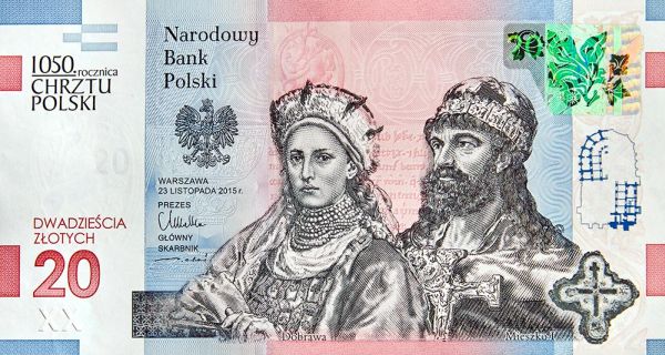 Polska: NBP ujawnił wizerunek banknotu kolekcjonerskiego o nominale 20 zł, który zostanie wydany w 1050 rocznicę Chrztu Polski