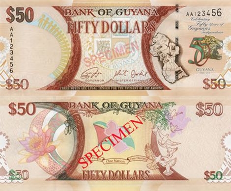 Gujana wydała banknot okolicznościowy o nominale 50 dolarów z okazji 50 rocznicy niepodległości