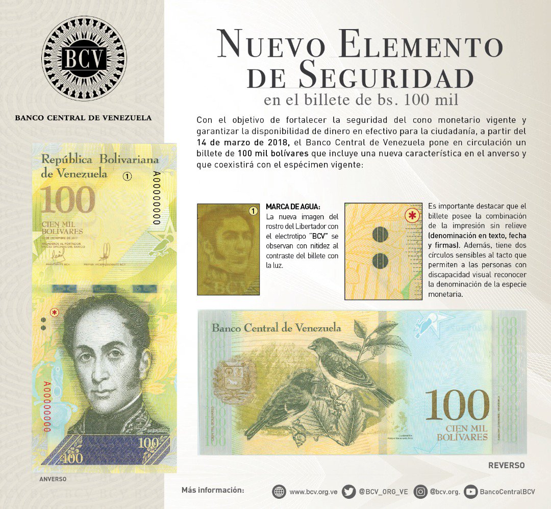 Wenezuela zmieniła znak wodny na banknocie o nominale 100000 boliwarów